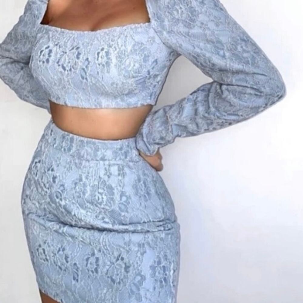 Naked Wardrobe Lace Mini Skirt Size Large Pastel Blue Velvet Back Zip Wiggle
